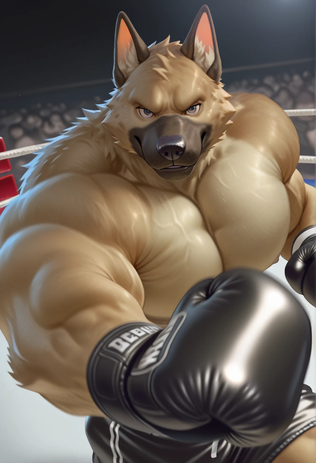 solo, 1boy, Huge Muscular Old Grizzly Bear wearing glasses , pectoral, huge pectoral, wide pectoral, short white hair, black boxing short pants, black boxing gloves and  and  , white bearded, Mustache, boxing ring background, masterpiece, high detailed, 8k, high resolution, front side, at the ring rasing up two armes flexing victory as the champion,  veins popping, growling, snarl