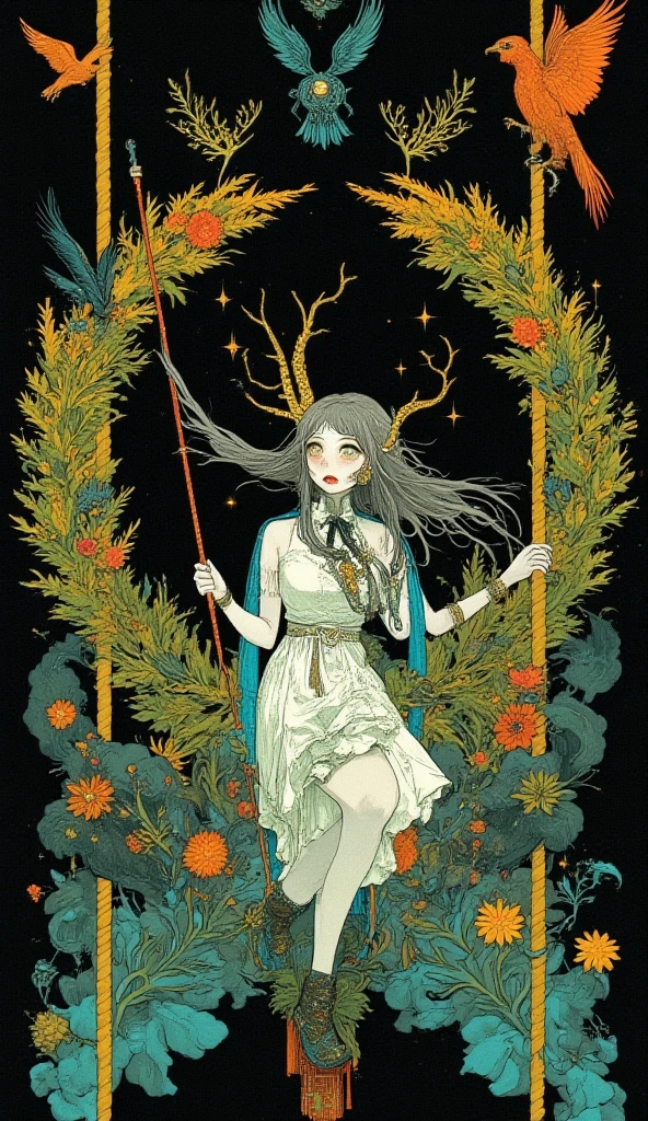 tmasterpiece, top-quality, 1 Dryad、Slim body、Large 、Leaf clothes、Large leaves on the head,,,、World Tree、Fantastical、Slim body、Large 、beautiful countenance、Dryads、larva、mito 、PsyAI，Dimly lit forest，Pale skin，Vines wrap around the body，The vine passes between the legs，，Refined face，largeeyes，Delicate eyes，Haughty expression，A queen，A throne made up of large trees
