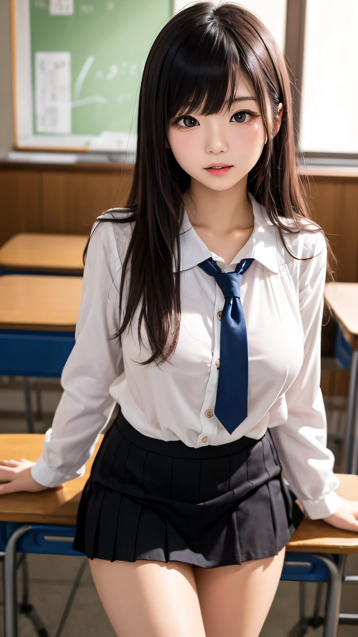 (1girl), kawaii, (Best Quality:1.4), (Ultra-detailed), (extremely detailed CG unified 8k wallpaper), Professional Photography, (hi-school uniform, pleated mini skirt:1.3), depth of fields, School, classroom, (sitting:1.3), (masterpiece:1.4), professional photography, (???????????, ?????), (no panties:1.2), (fine face:1.2),