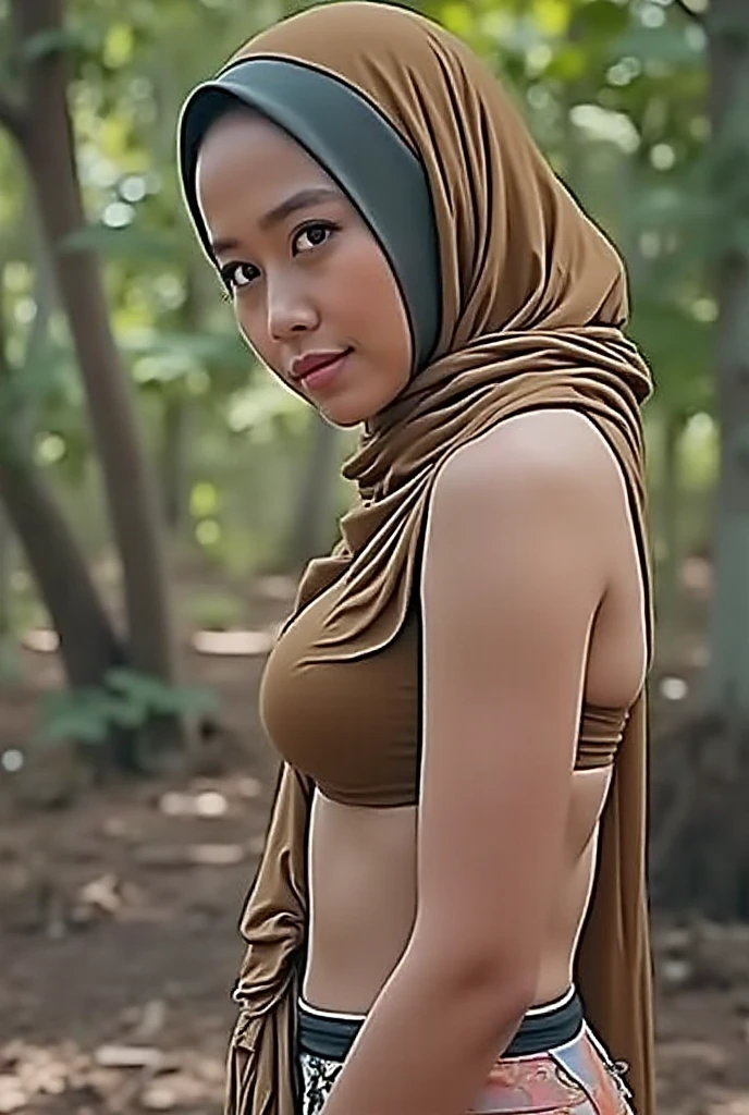 Malay women wearing hijab in the jungle , middle , look at viewers, hot  posing, , cubby body , have hairy  , big 