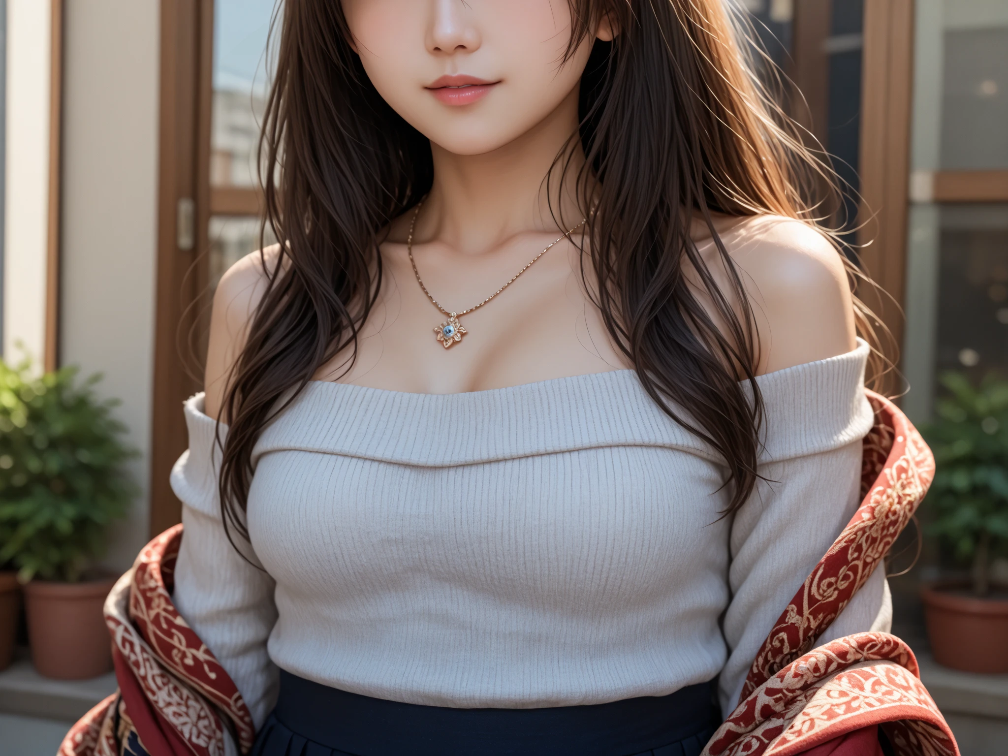 best quality,Super detailed,masterpiece,Employment,8K,Extremely detailed CG unifies 8K, 8K, diamond, and wallpaper，lifelike, Surreal, The original, Intricate details，Detailed face，Exquisite eyes, Skin smooth and soft, Delicate face, Big shining eyes，1 beautiful girl, 18 years old， Super beautiful face details, Smiling shyly, Majestic ，nffsw,Best quality:1.4, Photorealism:1.4, Texture:1.4, masterpiece:1.8, 1 female, Hip lift, beautiful eyes, Long hair, Dark circles under eyes, Full ，(Show your most beautiful smile to the audience),,Beautiful face,,20 years old,(Beautiful Face 1.4),slim, (Long hand-knit off-shoulder top:1.2)、(Plaid pleated skirt:1.2),Sea，garden，bench