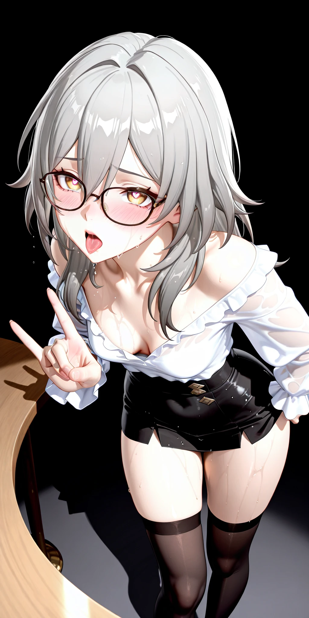 ((1 girl))、(smile:1.5)、small breastsの、（cowboy shot）、(fun!!)、(white cardigan:1.5)、(blush)、(silver hair)、Chest roll-up clothing,pull clothes，((flat chest:1.3))、((I can see your :1.5))，(dog ears), , (black skirt)，look down, ((classroom:1.5))Upper body，classroomのシャツロールアップシャツセーター高解像度，look down, Upper body，Fair skin,classroom，small breasts，、long hair、light blue eyes