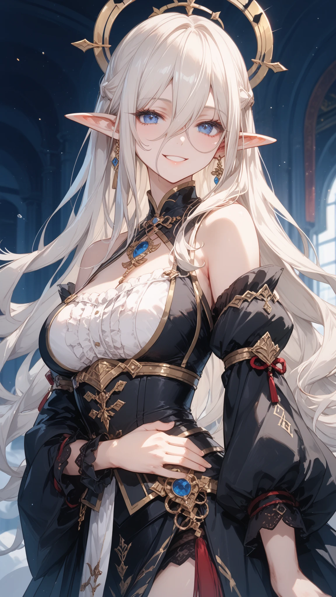 1 Private Wife，alone，long hair，Huge Breasts，Golden Eyes，Sexy，Short silver hair，Mature female，widow，(masterpiece: 1.0，(the best_quality: 1.0)，silence，Black Armor，Fantasy World，Calm down，Inside the Palace，In a meeting，Upper body close-up，lipstick，During the sermon，earrings