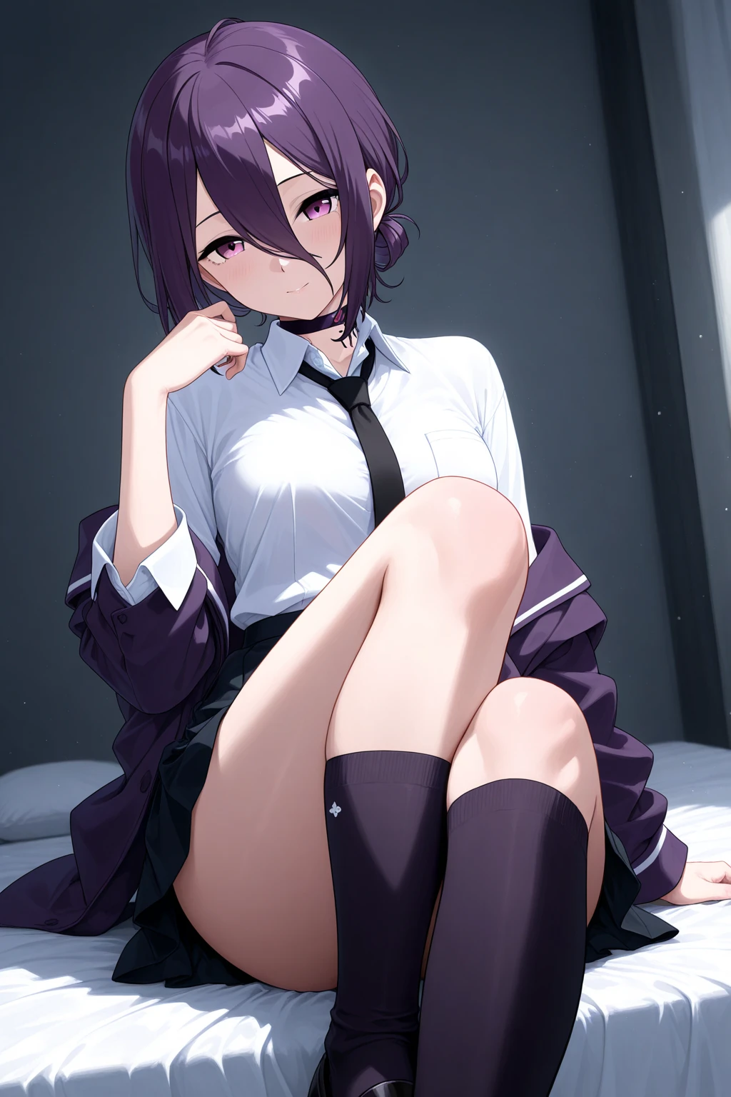 (score_9, score_8_up, score_7_up, source_cartoon:1.2), ai-generated, intricate details, (masterpiece:1.2), (best quality:1.2), newest, (Capture Natural Skin Details:1.2), Perfect , (SkinDetail:1.2), (Realistic Skin Textures:1.2), (Cinematic Realism:1.2), (Maximize Detail Slider:1.2), a couple of young girl and boy is  at the hallway, they're young around 18 years, featuring shouko komi and faceless man, squatting cowgirl, pov, interracial, , blue blazer, red skirt,white shirt, bowtie, purple eyes, purple hair, , roll eyes, delicious sensations, arms raised, hands over head, huge insertion.