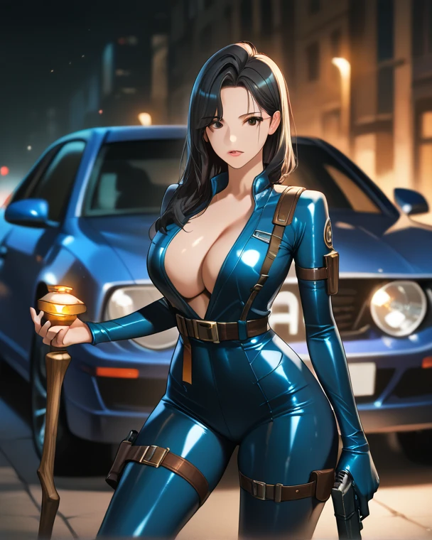 2 people, dark skinned racing driver with Mohawk haircut and beard, and Asian grid girl with blue hair wearing cleavage dress