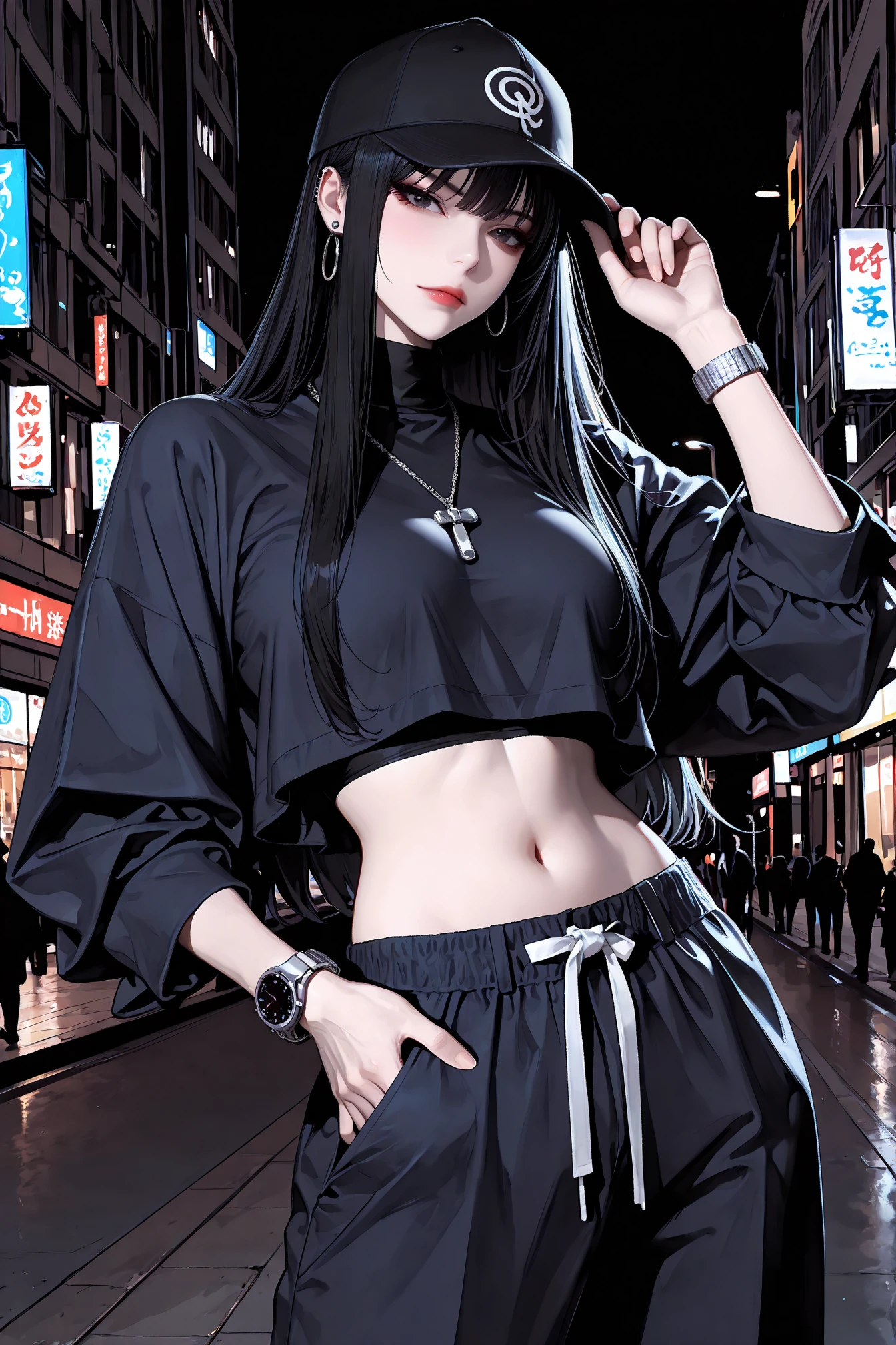 very good image, a cute beautiful anime tomboy girl, long black hair, ponytail, black crop top hoodie, black training pants, city(hd view), high quality, high details, 8k, high res