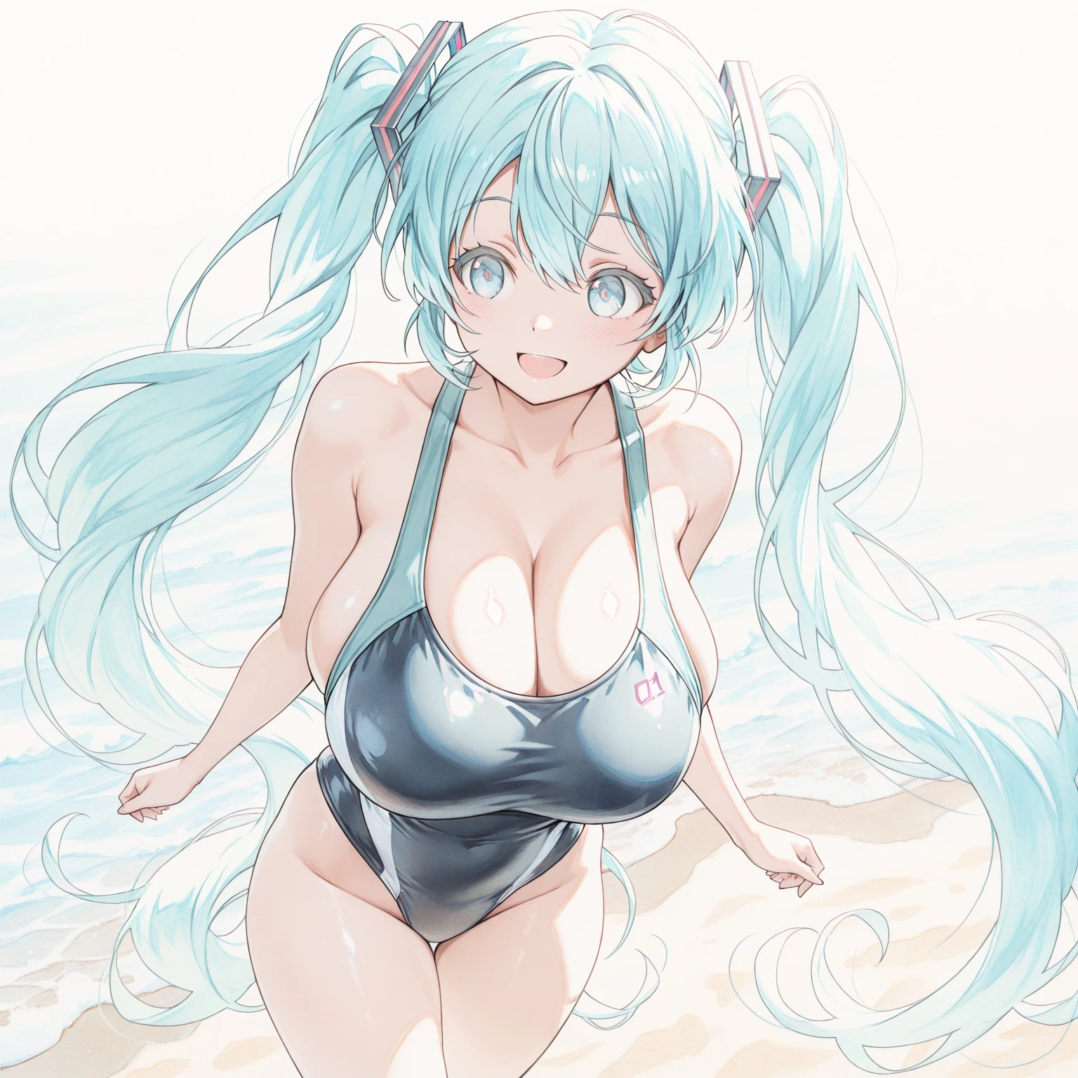 hatsune miku, , big breasts, covered in , from above, in water,