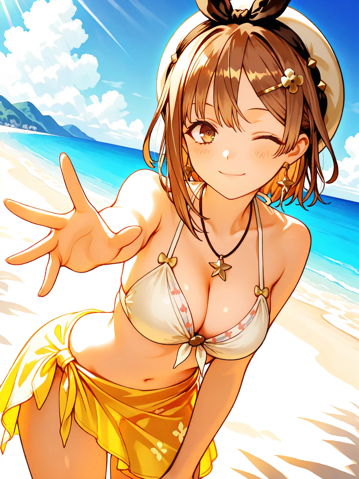 ????、1GIRL,(((masterpiece、highest quality、High resolution)))、(((Ryza)))、{{Ryza's hairstyle}},Tropical Summer、solo、laughter、beach、(((swimsuit:1.2)))、((Wearing only a swimsuit))、(((On a beautiful sunny beach)))、view audience、slender ?????? body type、Glossy skin、One cute girl、Glossy skin、realistic、(((A smile that looks very fun)))、(((yellow fancy ??????))),((????????))