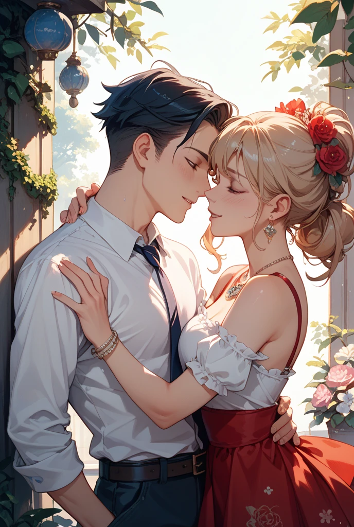 ((highest quality)), ((masterpiece)), (Get used to it), Perfect Face , Couple , 1 male , 1 female , On a bed strewn with roses , kiss , Embrace each other ,