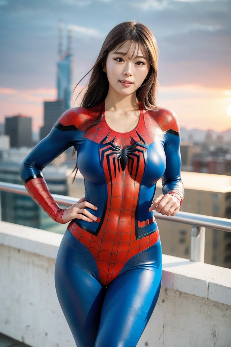 (best quality,ultra-detailed,realistic:1.37), digital illustration, (???? woman wearing a Spiderman costume), detailed eyes and face, beautiful detailed lips, ???? body, long eyelashes, ???????????, Close-up photo, torn costume revealing ???????, long hair, ((Take a photo from below the thigh)),vibrant colors, dramatic lighting, comic book style, seductive pose, skyscraper background, dark sky, tall buildings