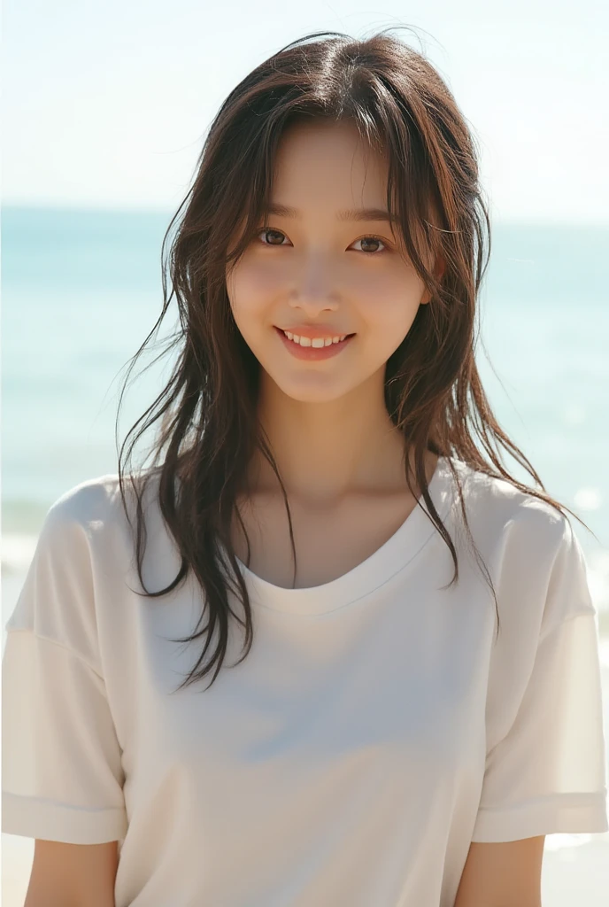 Tabletop、(Highest quality、4K、8K、High resolution、Masterpiece: 1.2)、Super detailed、(Real、Photorealistic、Photorealistic: 1.37)、Full Body Shot、Complex and beautiful eyes、woman、long hair、Natural color lip、whiteＴshirt、Bold and sexy pose、smile、Ocean、20 year old girl、A cute and sexy shot looking straight at the camera。