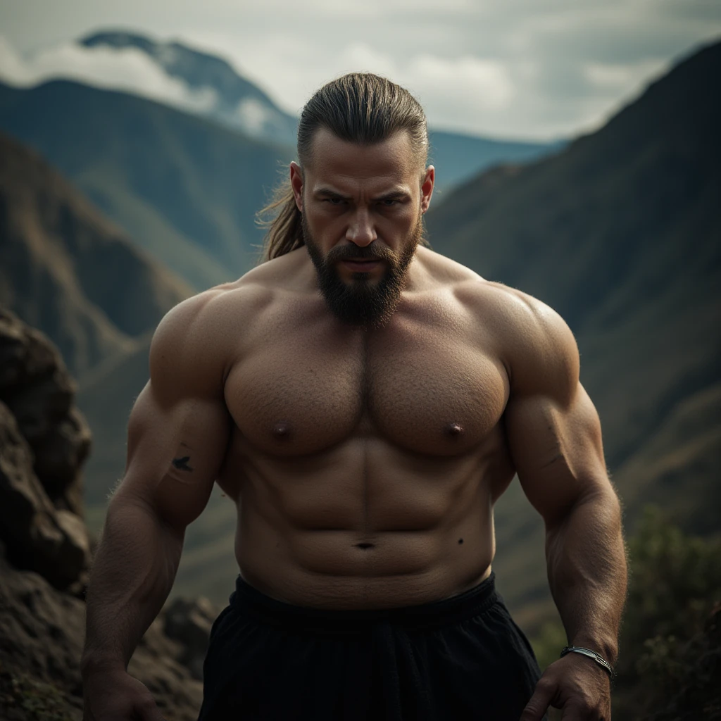 (best qualityer, 4K, 8K, high resolution, Masterpiece artwork: 1,2), ultra detaild, (realistic, fotorrealistic, fotorrealistic: 1,37), oil painting, portraits, proffesional, refined brushstroke, vivid cores, sharp focus, ( lighting study: 1,1), light dark subtle, satisfyingly rich texture, (low light intensity: 0,9), (soft lighting: 0,9), young bara body with muscular body, large, thick chest and legs, furry , hairy abdomen, wears sports shorts , Extolling an art of knowledge and rugged charm., Safe construction that exalts strength and vitality, showing off big, hairy legs, bulky shorts, wet sweaty, Profile, gazing at viewer, showing strong, hairy arms. background forest