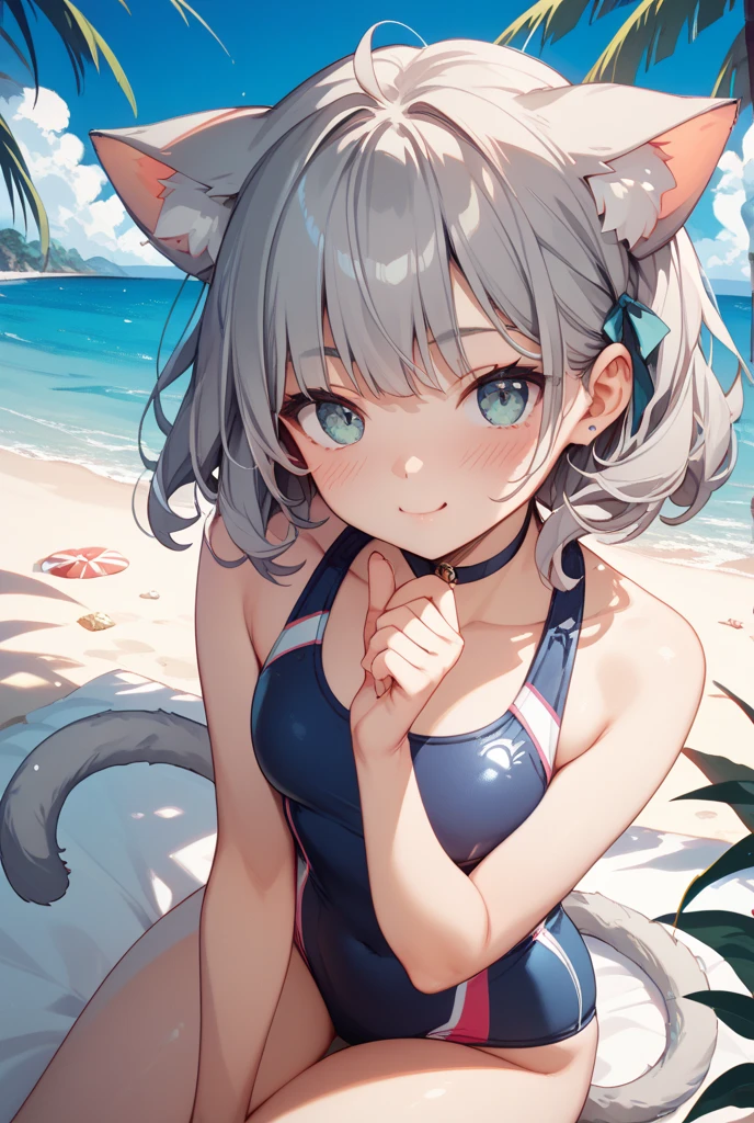 Furry girl, young, white tiger, gray hair, spiky short hair, blue eyes, white body fur, small , detailed body fur, detailed face, detailed eyes, glistering body, shiny body, gorgeous body, masterpiece, high quality, :3, ((red headband, red  frilly swim top, red frilly swim skirt)), full body, feets with three toes, 3 toes, beach, clear sky,