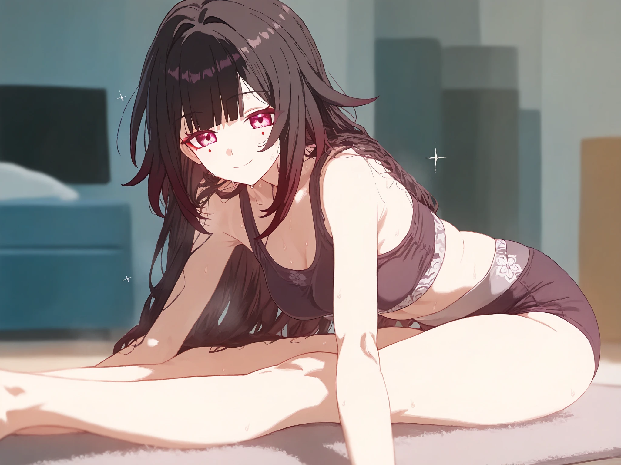 Cover your mouth with your handad laughoth legs、Side face、 The hair on the temples is neat but very short、enchanting gesture、(tmasterpiece、quality、the detail、超高分辨率、8K、Beautifully detailed lighting、Very beautiful girl、2 meter long black low ponytail，female high-school student、Clothed only in bikini、cleavage display、 at class room、kneeling on a bed、llight rays, Glow, upper legs, 鎖骨, Willow waist、pony tails, Open, Be red in the face, cosmetics, provocation, navel、sweat profusely、1 girl in、黑The eye、Sleeping on the Bed、Red blush、Sexual facial expressions seen from the side、Perfectly trimmed fingers，don't have clotheull body photo，細長的upper legs，Spread your legs，messy hair，half-open bikini。Tsundere，body up and down，Strenuous movements、Hand repair