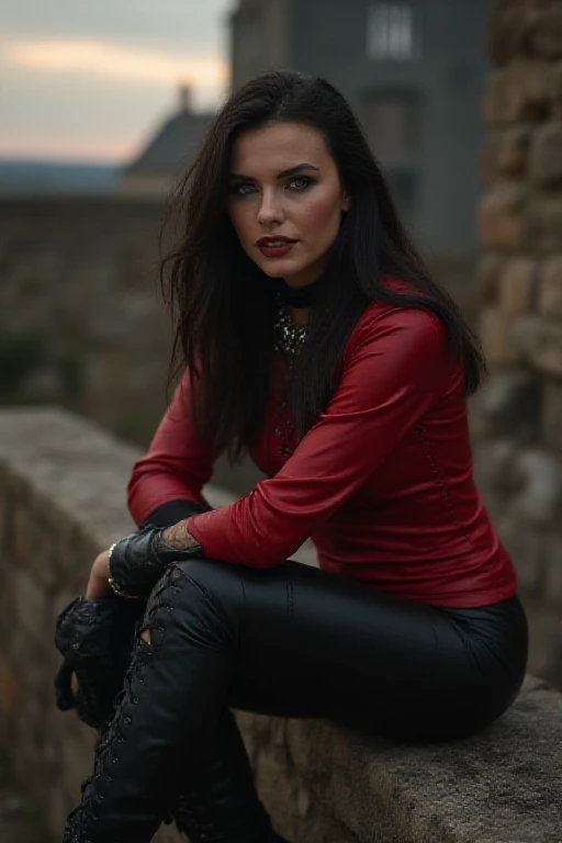 a gorgeous Russian woman, wavy crimson red hair in the wind. she's a men magazine model, She has a subtle smile and flirts with the camera, (she wears leather shirt), (with a long wool sweater and pvc leggings:1.2),background landscape of Scotland Loch and Scottish castle ruins, (in sunset light:1.2), 
