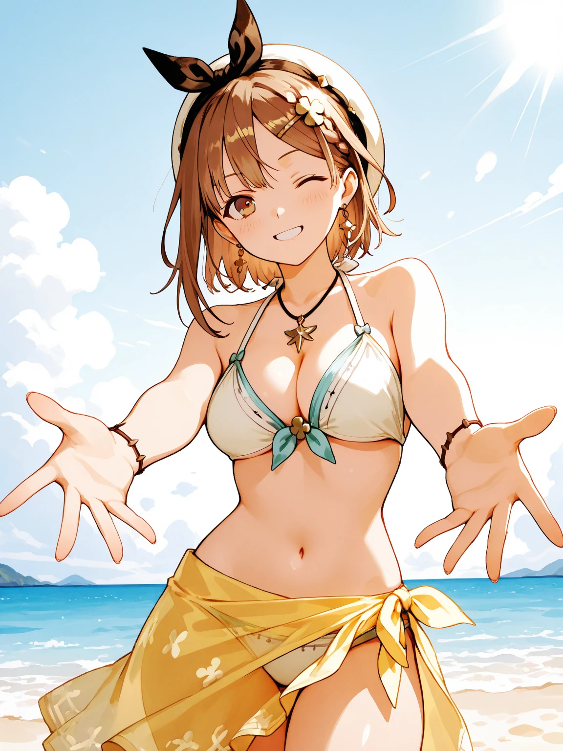 (masutepiece, Best Quality:1.2), Cowboy Shot, Solo, 1girl in, Hiryū, Smile, Looking at Viewer, Yellow Bikini、One side up, , partially fingerless gloves、The background is professional wrestling、Facing the front