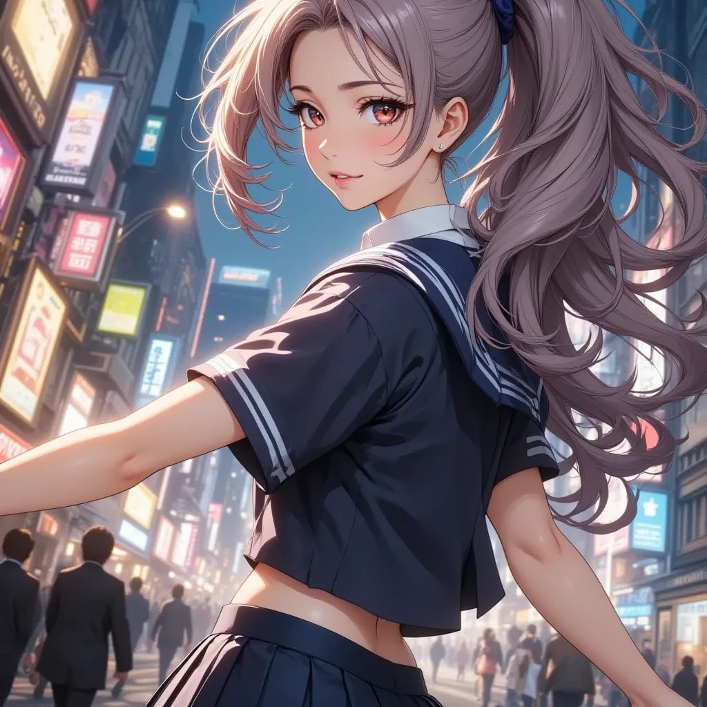score_9, score_8_up, score_7_up, source_anime BREAK 1girl, pov, Komi Shouko, hypnosis, standing, street at night, heart-shaped pupils, swept bangs, dress, belt, brainwashed, blush, looking at viewer, thigh gap, phone, heart, eye symbol, purple hair, rating_questionable