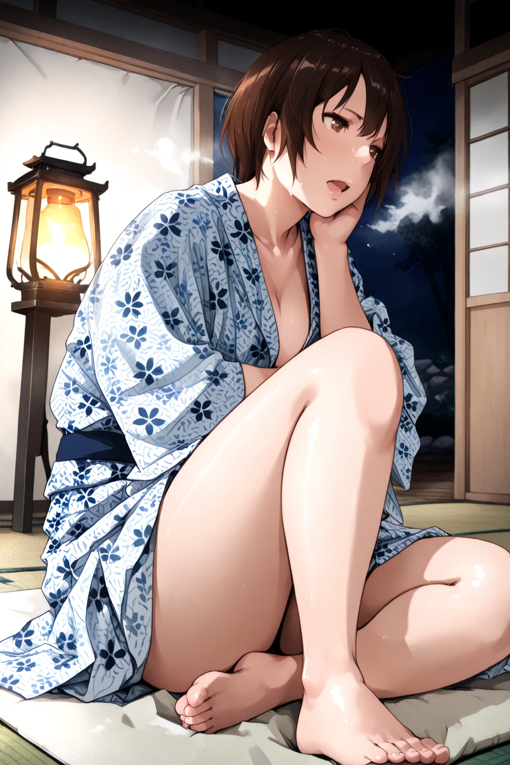 looking at the camera、tatami、Background dark room、Woman in yukata、Lying on the floor、Leg spread、Front image