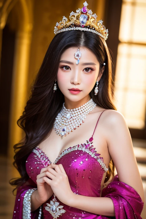 ((top-quality、masutepiece、8K、Top image quality、Highly complex and detailed depictions))、(Japan's most gorgeous ?????????? goddess:1.1)、((The most gorgeous ???????????? goddess huge costume、The most vivid and luxurious costume Iglong costume、The unimaginably luxurious goddess room、Glittering purple and pink room、The most luxurious purple and pink room、purple and pink gems、A glittering room decorated with plenty of jewelry night、Very complex decoration、Very transparent goddess room))、(View me、Bewitching smile、Perfect makeup、long eyelashes、lipsticks、Pink eyeshadows、perfect anatomia、Biggest smile)