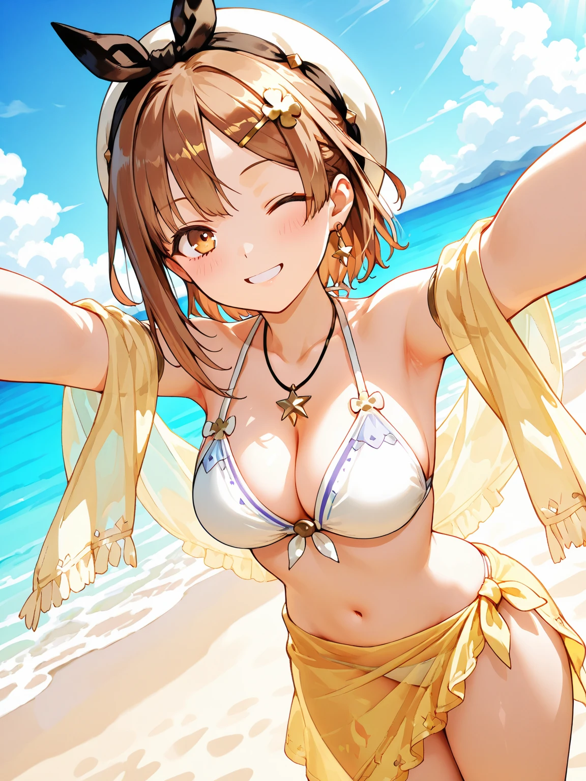 realisticlying、16 year old girl、Close-up view from the ground、Wearing micro ?????? with floral pattern on the ?????、Emphasis on ??????????? and cleavage、???? brown skin tone、Tahitian dancer、dance tahitian dance、pareo(wear a skirt around the waist)、seashell necklace around neck、hibiscus ornament in hair、???? Posing