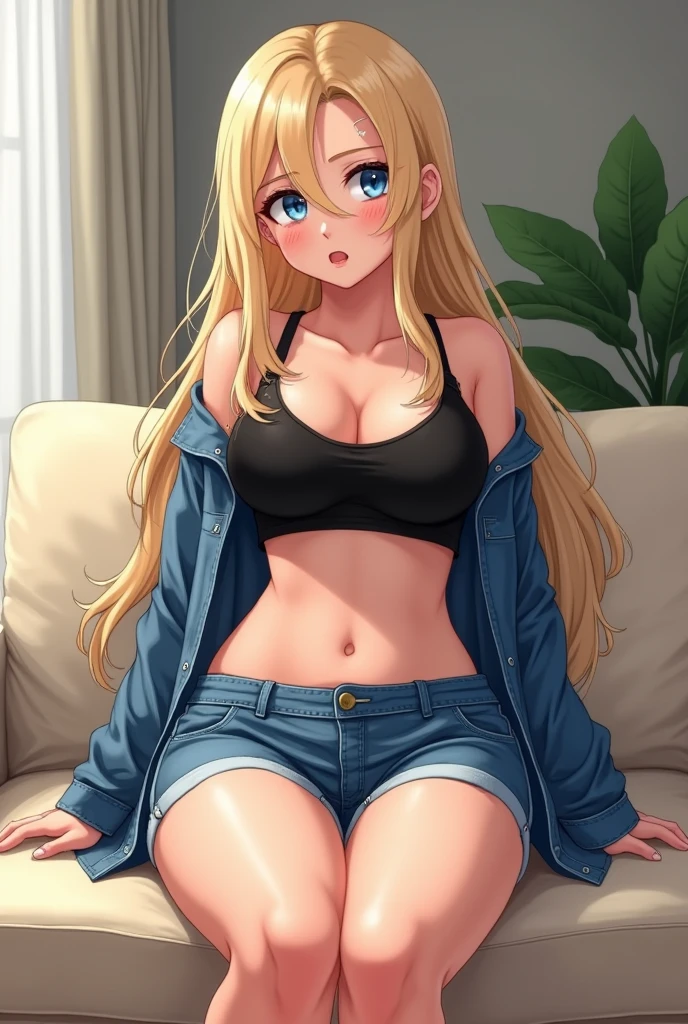 1 woman, tall, blonde, 30 years old, black police hat, white tank top, navel visible, denim shorts, ?????? emphasis, ???????????, ????????????, super high definition, masterpiece, bedroom