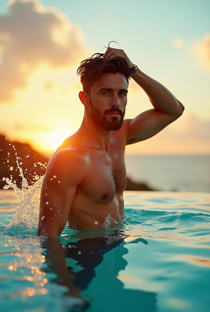 Creates a hyper-realistic image of a man,It is very important that he has no beard, he should appear without facial hair. Approximately 2. The man has dark brown hair and a short haircut. He does not wear a beard and has a white skin tone. His physical features include a slightly broad forehead and an athletic build, with a height of 1.87 meters and a weight of 93 kg. Although he has muscle mass, it is not excessive, showing a balance between strength and definition.  The man is wearing sunglasses and is bathing in the water of a beach at sunset. The water reflects the warm, golden tones of the sunset, creating a calm and relaxing atmosphere. The perspective of the image should be as if taken from an iPhone 12, capturing realistic details and natural colors, with the sunset horizon and reflection in the water clearly visible.  Make sure the image conveys a sense of serenity and realism, focusing on the details of both the man and the sunset beach environment.
