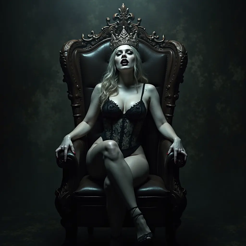 a 67 year old lady who lives in Dracula's castle in Transylvania, she has red hair, green eyes, vampire teeth stained with blood, an evil look with the smile of the devil, she has very , she dresses in a red bra and lingerie, shoes with stiletto heels, pale skin, big legs and huge calves, she has a lot of fat all over her body and is sitting on a vampire chair outside dracula's castle