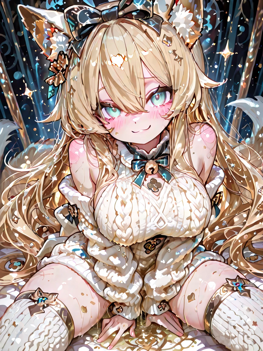 1girl,Sexy pretty girl,shiny gold platinum blonde hair, Bobcut,curly hair、Dog ears、Red sparkling eyes、detailed cute eyes,(glowing eyes:1.4),laugh heartily,((Droopy eyes)),White dress、blue sky、full of balloons、Wink、smile、