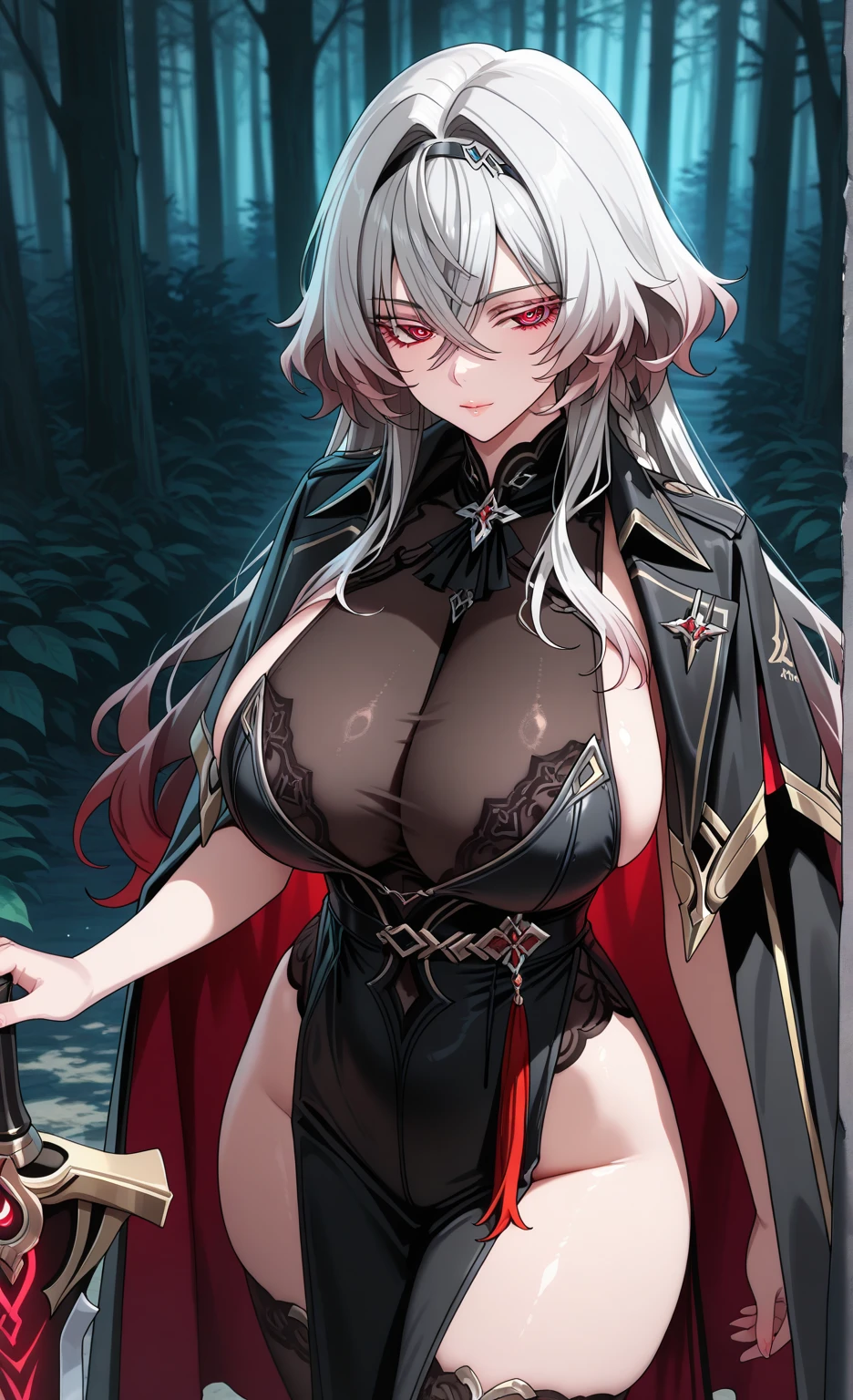 1girl, ?????, Joia do peito, panthyhose, head wings, somente, seio grandes, cabelo ruivo, Morrigan Aensland, Infelizmente, animal print, bat print, Cabelos curtos, olhos vermelho, legwear estampado |, franja varrida, Leotardo, asas como morcegos, decote, franja, tiara, pose de garra, ombros nus, Malha Preta, Olhando para o Viewer, fundo