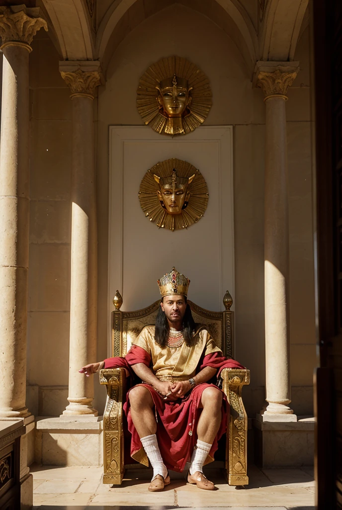 A majestic deity with a lion's head seated on an ornate gold throne adorned with intricate carvings, wearing a lavish crown and flowing robes exuding power and authority, several worshippers in vibrant traditional clothing offering gifts such as fruits, golden vessels, and sacred artifacts, rich warm tones, elaborate stone walls inscribed with ancient hieroglyphs, soft golden hues across the scene, (best quality,4k,8k,highres,masterpiece:1.2),ultra-detailed,(realistic,photorealistic,photo-realistic:1.37),HDR,UHD,studio lighting,ultra-fine painting,sharp focus,physically-based rendering,extreme detail description,professional,vivid colors