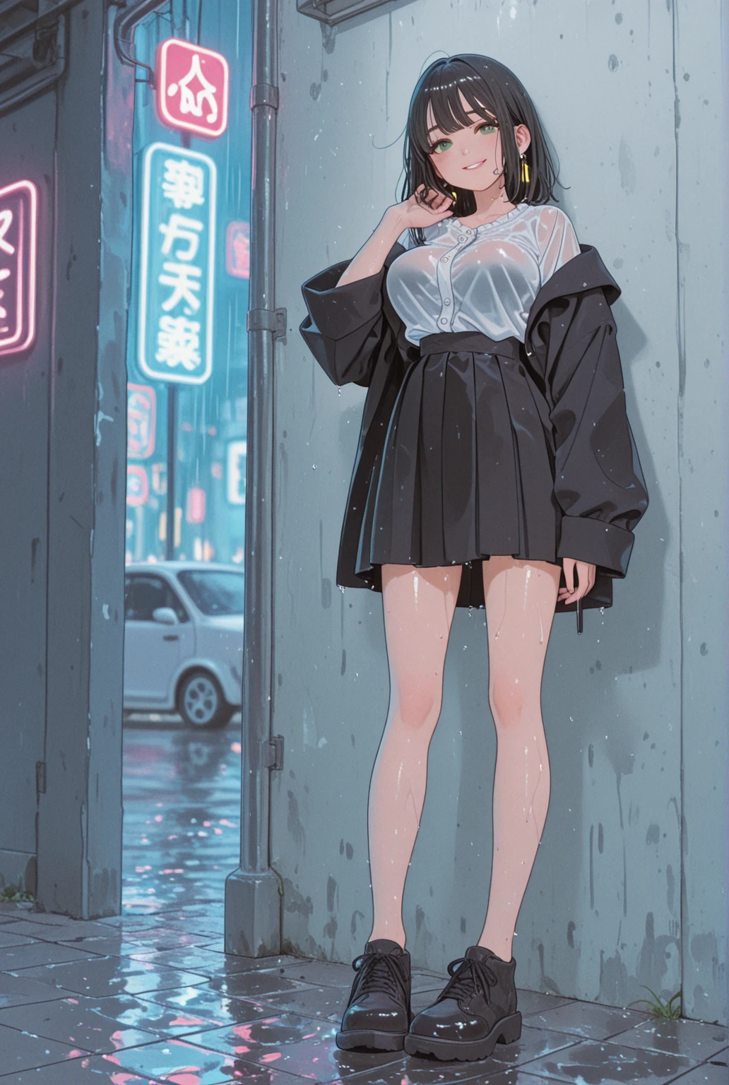 shorts, oversized shirt, (high resolution, best quality), oversized cloth, pedestrian road, (round glasses), close up, brown hair, (((small breasts, flat chest))), long hair, young adult, rain, night sky, thick thighs, feet, thigh shot, translucent clothing, close up shot, professional model pose, professional model, wool  shoulder jacket