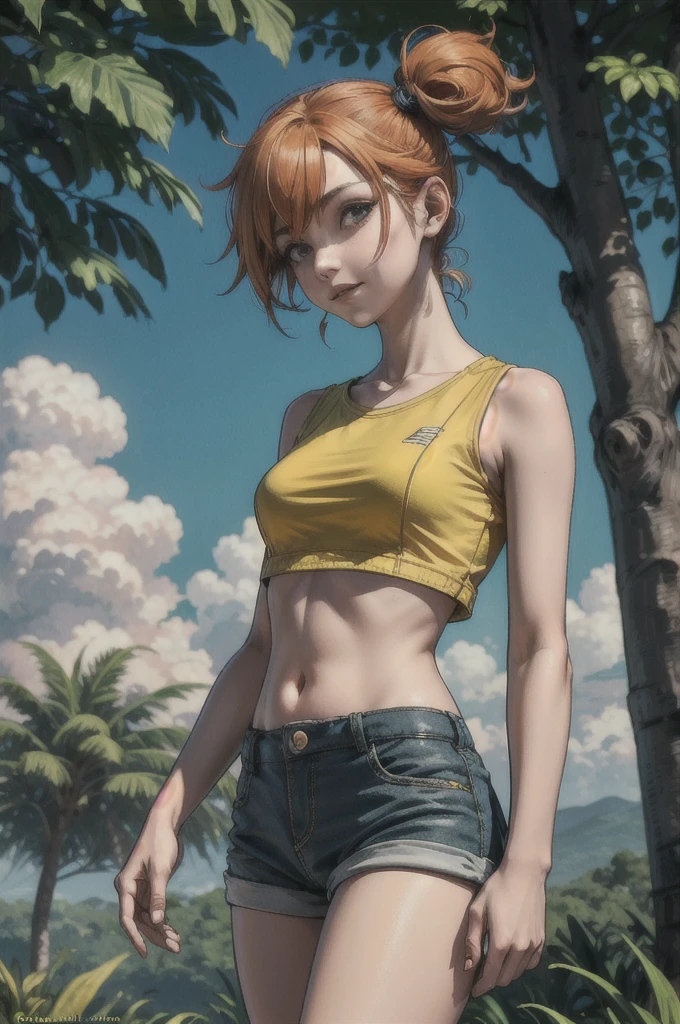 na grama, (melhor qualidade, obra-prima: 1.2), fotorrealista, contornos grossos, sombras fortes, 1 menina, corpo inteiro, peito pequeno, feliz, floresta, clareira, giant trees, blue skies, nuvens cabelo laranja, camisa amarela, crop top, suspension shorts, fundo detalhado, rosto detalhado, sexy