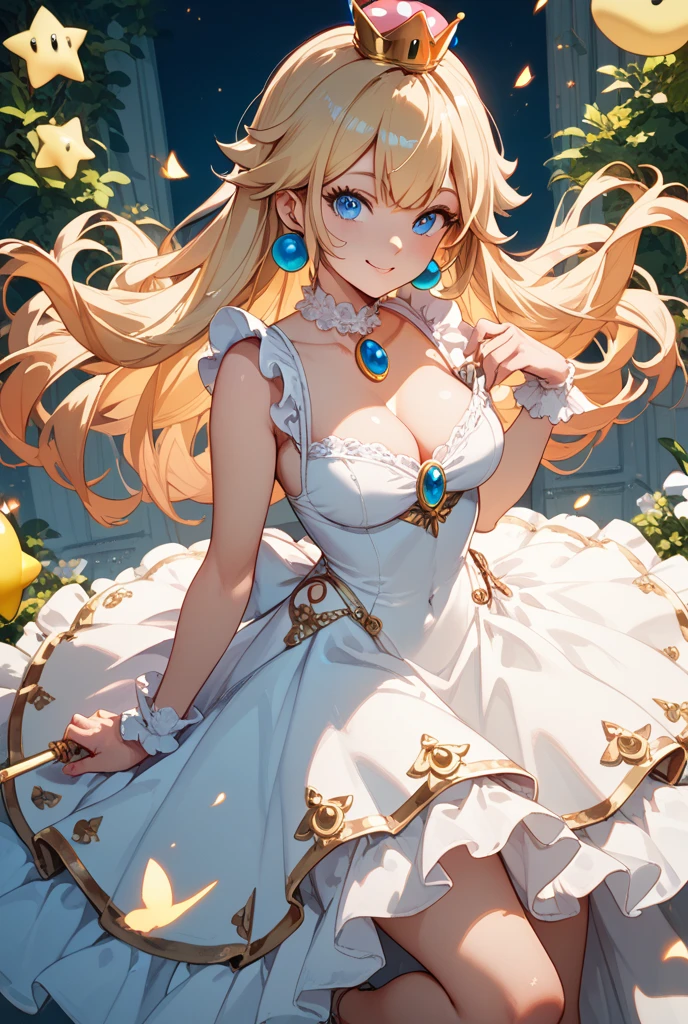 Saratoga (warship girls r),((Masterpiece)), (((Best quality))), ((Ultra-detailed)), ((illustration)), ((Disheveled hair)), ((frilld)), (1 girl), (Solo)，alternative costume, Blonde hair, Blue eyes, Blush, Breasts, Bugs, Butterfly, cleavage, Clothing, crown, dress, False wings, Female, flower, frill dress, frilld, full bodyesbian, mitts, Headwear, jewelry, Large breasts, Long hair, necklace, Red flower, Red rose, Rose, Short dress, Solo, No shoulder strap, Strapless dress, head gear, White dress, White gloves,