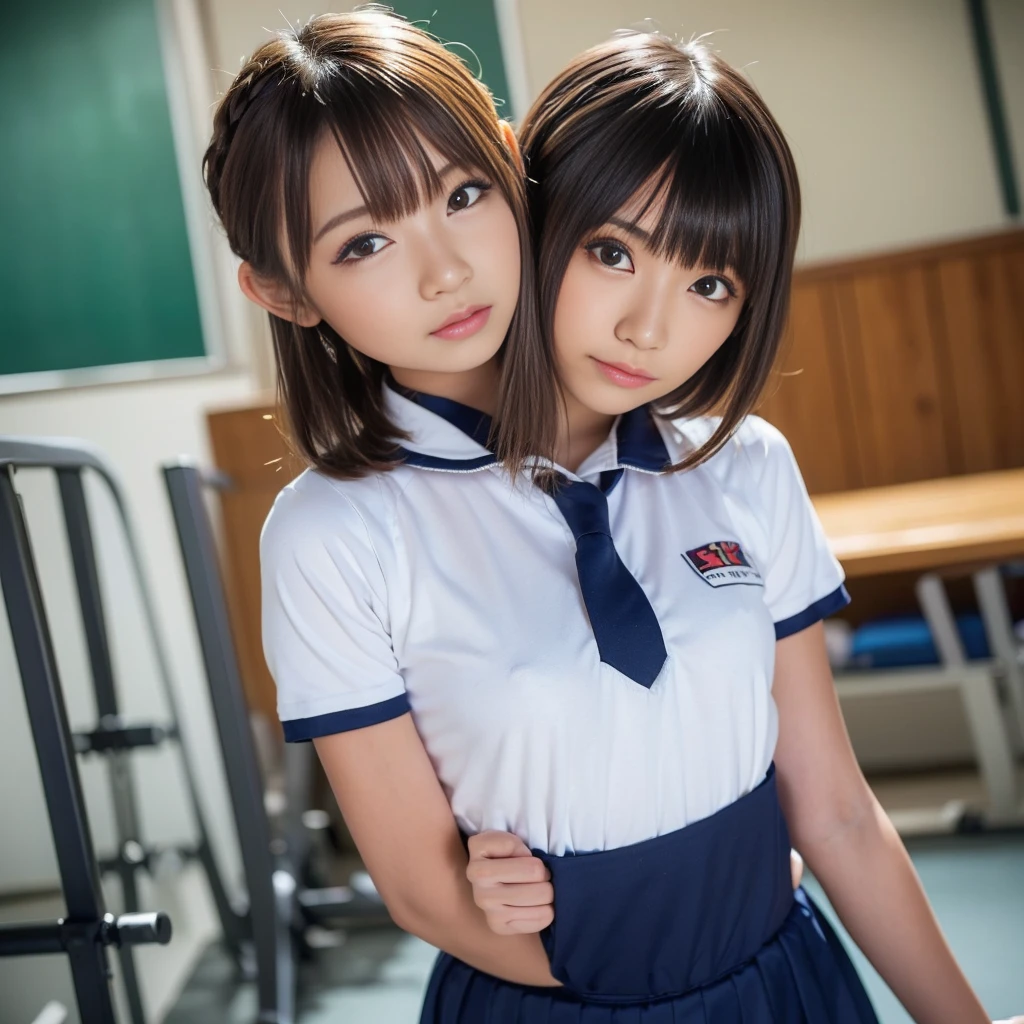 ，lesbian，Realistic  ，No pubic hair， (top-quality、At 8K、32K、​masterpiece、nffsw、超A high resolution、Impresionismo，Photorealsitic:1.2), (2girls, Same height :1.2), couple focus , Only the tips of the left and right  of the two people should touch each other.，Japanese 15 year old cute girl ,  , thin arm、thin-waist, Very Shorthair , (High color saturation:1.0), (highlydetailed skin), (Best Quality:1.0), (超A high resolution:1.0) ,(photographrealistic:1.0), (ultra-detailliert:1.0), (8K, Raw photo:1.1) Japan Schools，two girls kissing in the classroom, kissing together cutely，blush，shy expression，Hug each other，kiss，White curtains.White classroom.