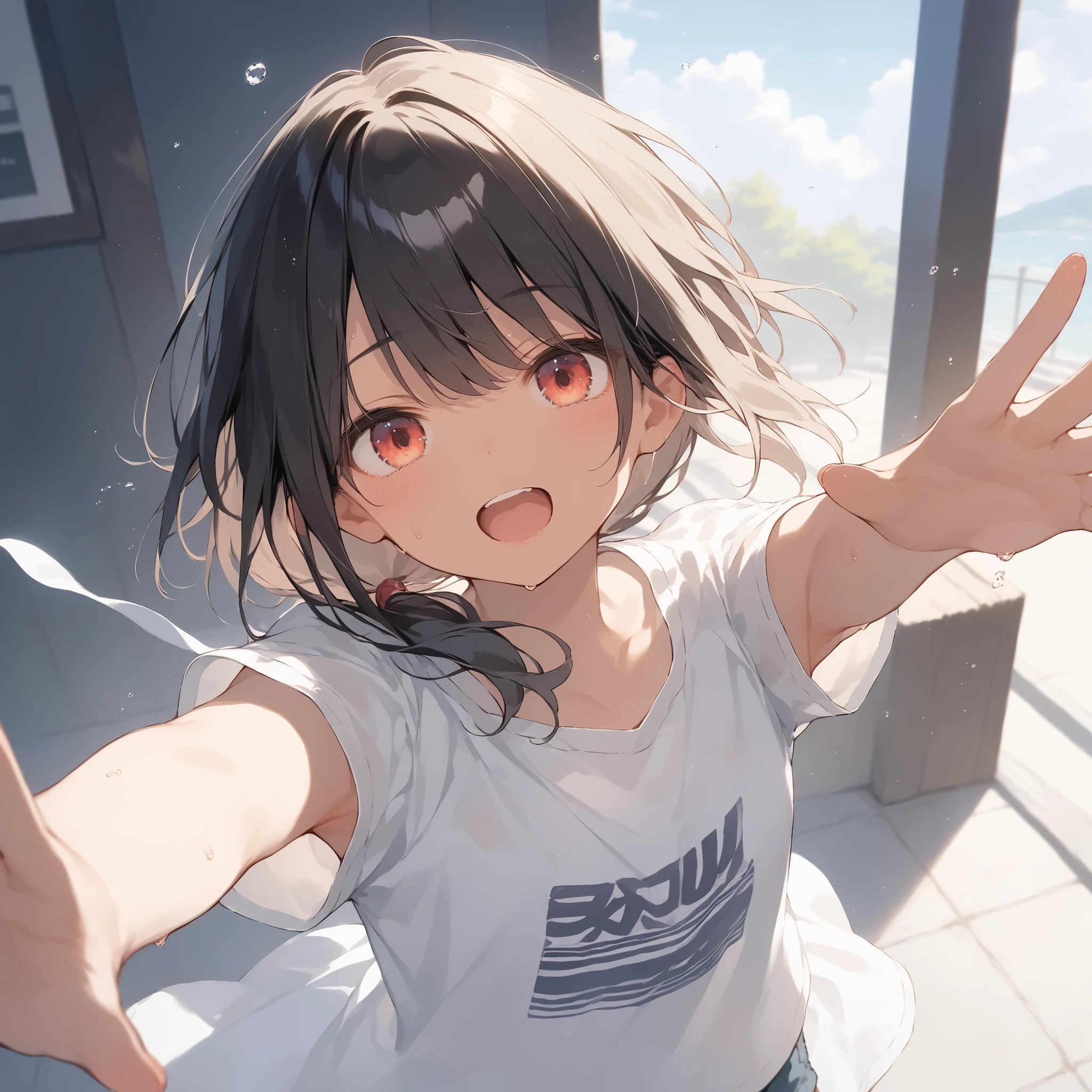 score_9, score_8_up, score_7_up, source_anime, best quality, masterpiece, official art, absurdres, highres, ultra-detailed,waifu2x,Collection: Slice of Life,break,1girl, tomboy, dark-skinned female, short hair, low ponytail, flat chest,  beautiful detailed eyes, short shorts, sweat, open mouth, (yawn:0.3), sleepily, outdoors, wind, break,(clear line illustration:1.2),very high resolution, very aesthetic, super detailed skin, Best  lighting powered by famous artist, 8k,cute picture,beauty illustration,photoshop_(medium),,(Detailed Lighting),best anime 8k konachan wallpaper, pixiv contest winner, 