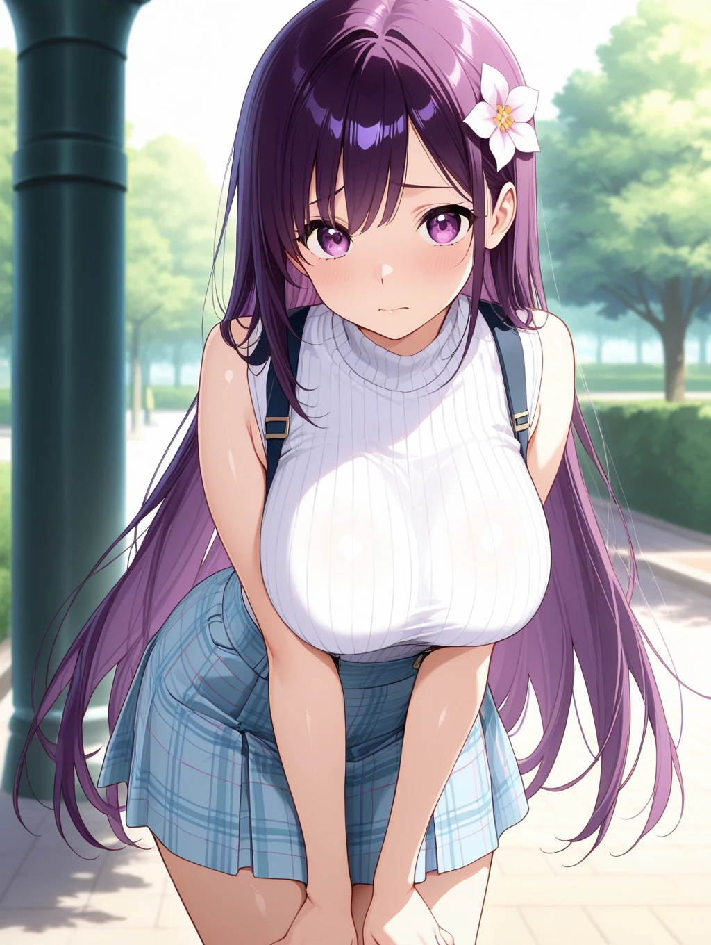 todoshizuko, purple hair, ponytail, hair ribbon, long hair, blue eyes, makeup, 15years old , , solo, , ,  ride a bicycle
