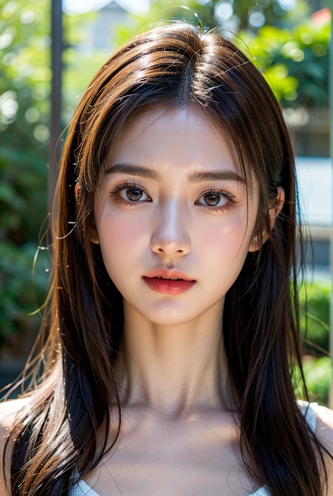 top-quality, ​masterpiece, 超A high resolution, Photorealsitic, Raw foto, ((one beautiful women)), 22year old, Detailed face, beautidful eyes, depth of fields, white backgrounid, White T-shirt with V-neck, Wet and  t-shirt, small tits, Faint lips, wetting hair, a wet body, water drop on the skin, (See the viewer's eyes)