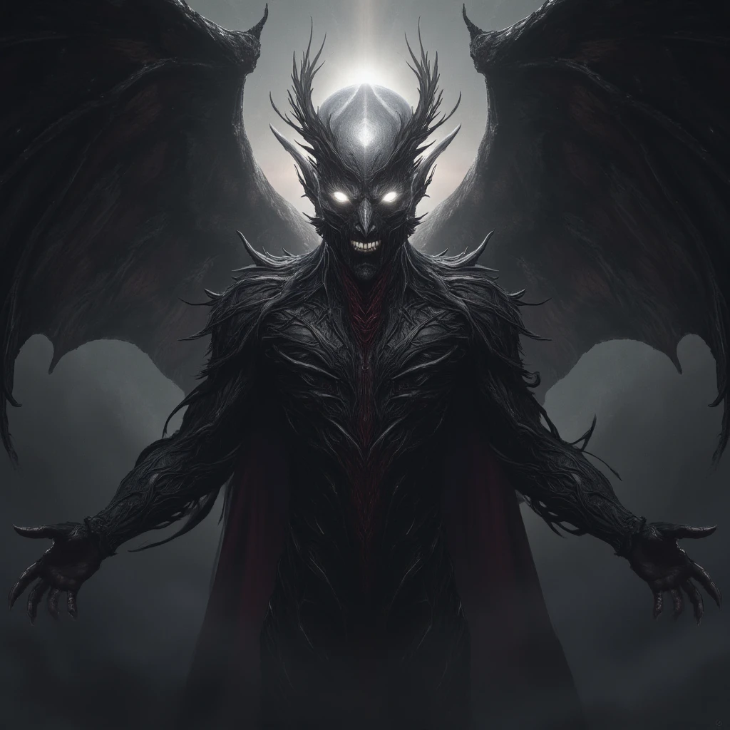 Lucifer avec un corps comme des racines noir fait de lumière coloré divisés en noir et en blanc , possédant des ailes attrofié volumineuse en 10 parties aspect dark ténèbres 