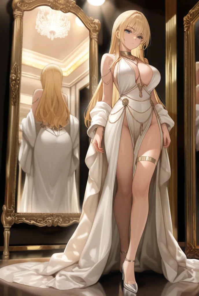 (best quality,4k,8k,highres,masterpiece:1.2),ultra-detailed, gold swim suit, highleg leotard, full body, high resolution!!, highleg,high heels, solo, ????? ???????, beautiful detailed eyes