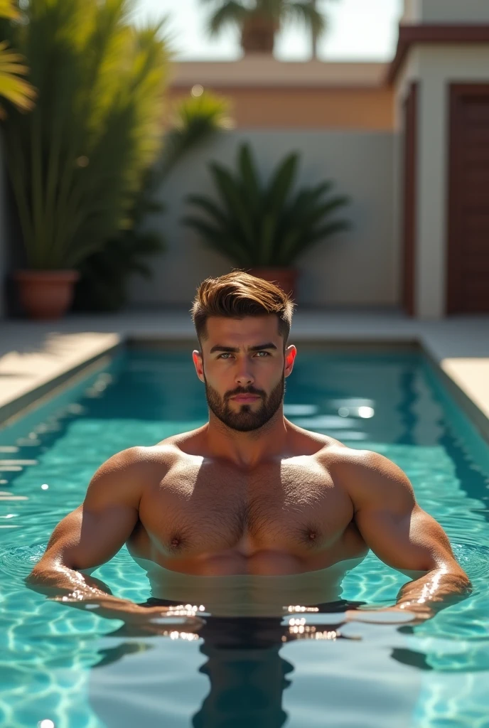 Handsome Pablo alboran 25 year old.  Dark blond hair. Big muscle, bathing in a quiet lake on a full moon night