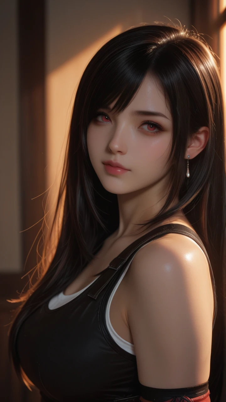 8K, Top Quality, Intricate Details, Ultra Detail, Ultra High Resolution, Masterpiece, close up shot, (full body: 1.1), Slender, Smile, (Makeup: 0.4), ,(( red eyes, black hair, bangs, long hair)), (Fluffy  Eyes: 1.21), (()), 1girl, solo, 1 girl, ((Tifa,Tifa･lockhart,Final Fantasy 7,FF7,l)), close up shot, , ((tall)), (((fit body))), (((slim face))), sharp face, ((abaya, hijab))  ,(detailed face), sharp face, small lips, , ,(( )) ,, ,
 ((, )), , (( )), detailed face, detailed breast, large breast ,huge breast,  detail  ,, Narrow Waist, Skinny, tall , 190 cm tall, Muscular, Navel,  Abdomen, Pointed Chest,, Beautiful girl with accentuated slender abs: 1.4, Six Pack Abs: 1.4, , Perfect Body, detail legs, (( dark background)), black background,