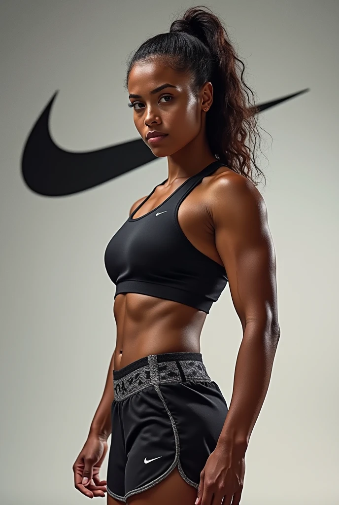 (Muscular:2), (large round breasts:1.1), (large muscular chest and shoulders:1.4), FEMALE, brown hair, long brown hair, (big smile:0), (wearing a tight blue short sleeve Polo shirt and skirt:1.5), looking at viewer, (three quarter view:1.2), upper body view, (sidewalk:1.5), dark lighting, detailed skin, detailed eyes, (dark skin:1.4), (huge round muscles:1.6), (arms crossed:1.5),