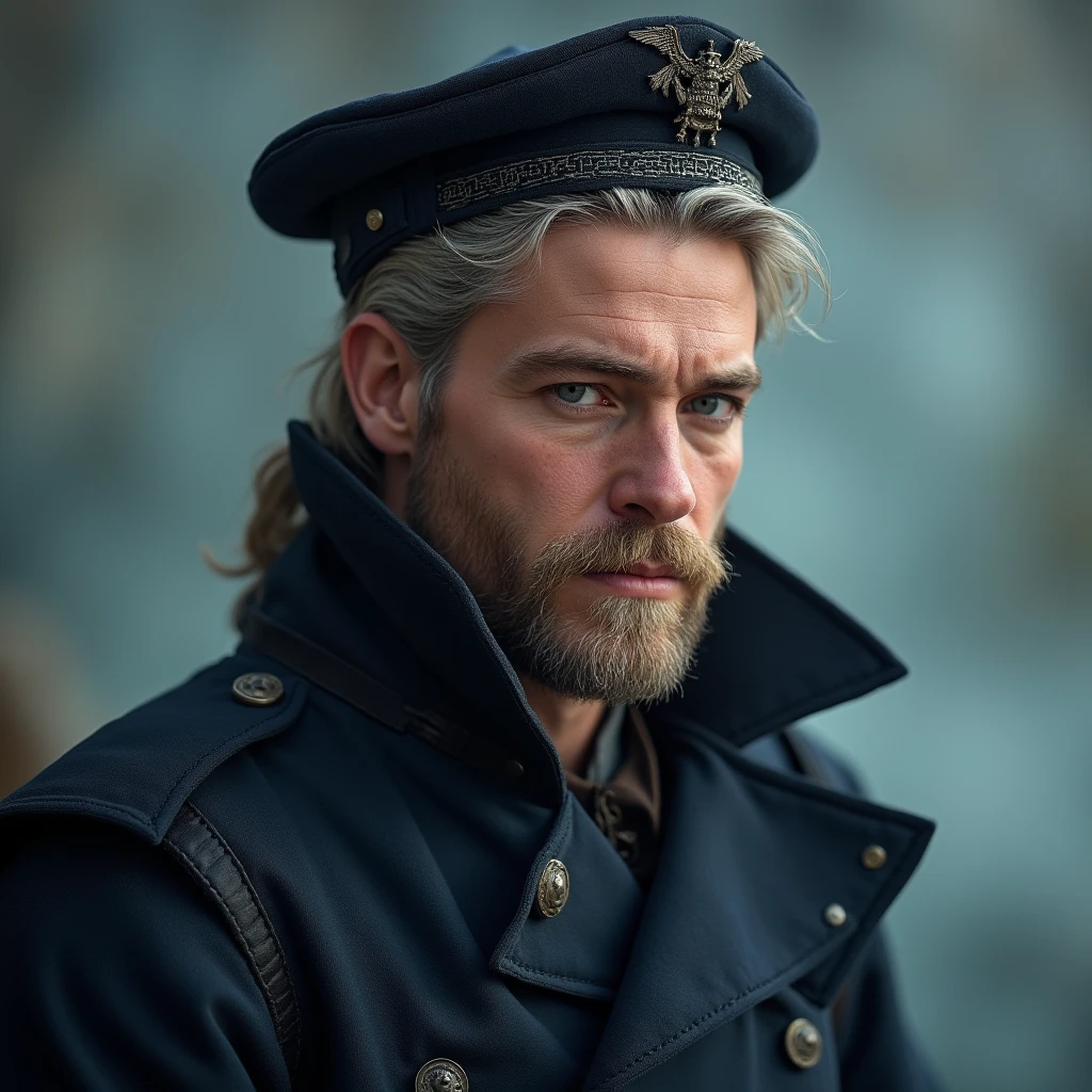 back portrait, Imagine Victor, a handsome adult man standing silently by the bank of a wide, mist-covered river at dusk. The sky is washed in deep blues and grays, the distant horizon bleeding into the water like an old memory. He wears a long black military coat—heavy, with double-breasted buttons and a high collar turned slightly up against the chill. Silver embroidery  catches the fading light, a quiet echo of forgotten glory.

His posture is calm but grave, hands tucked into his coat pockets, chin slightly downturned as he gazes across the endless river. His chin-length, short medium-blond hair is windswept, strands brushing against his face. A soft wind disturbs the surface of the water, mirroring the flicker in his eyes—a current of thoughts unspoken.

The world around him is still, save for the slow movement of the river. Time passes here, but without urgency. It is the long river—of memory, of fate, of quiet wars and promises never returned.

(Masterpiece, cinematic realism, Victor Vesper standing by a vast foggy river at dusk, long black military coat with silver trim, hands in pockets, medium-blond layered hair tousled by wind, somber atmosphere, reflective water, soft twilight, poetic Russian melancholy, photorealistic, 8k, theme: Долгая река)