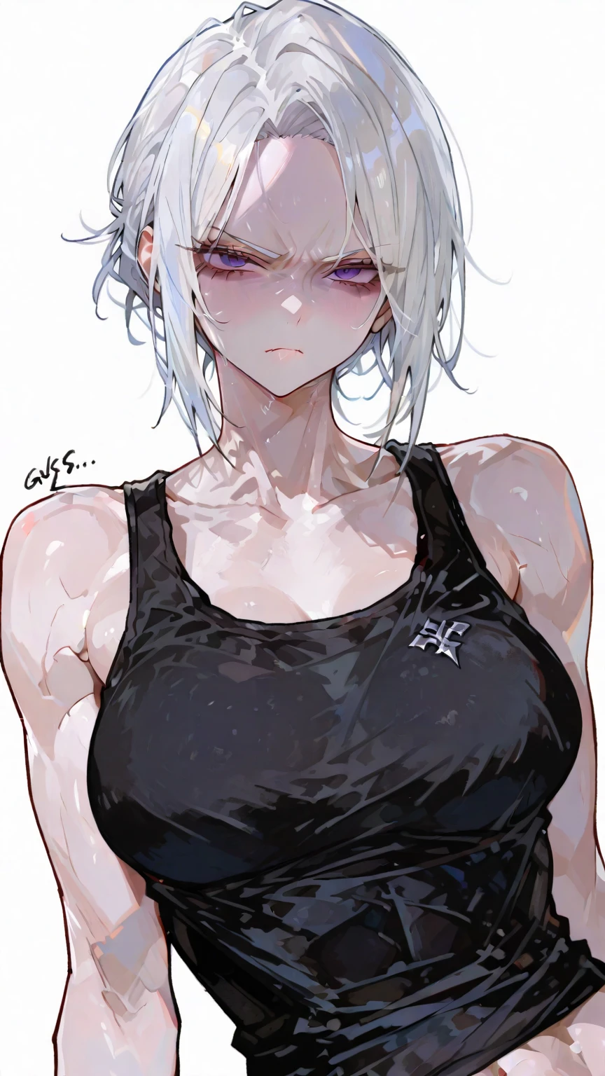 girl, ripped abs, armpits, black tank top, white hair, short hair, messy hair, black eyes,  face