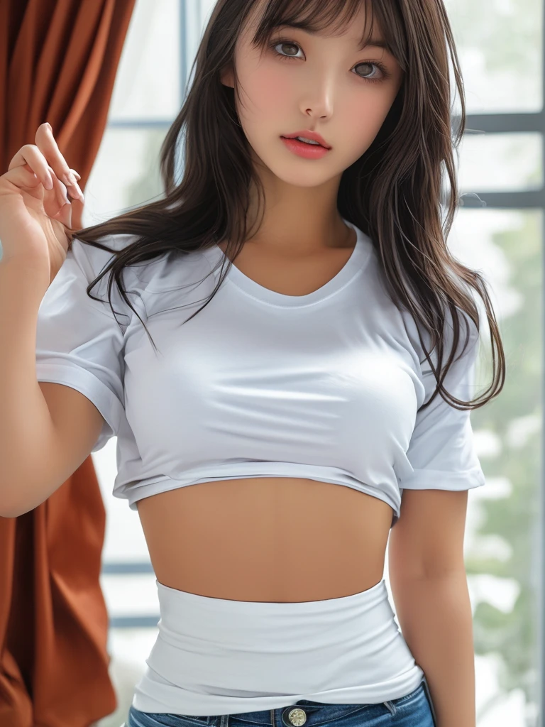 Girl in white tight jeans posing for photo，put your arms behind your back，Whole body love，Paired with a short T-shirt、OK，Slim，Smaller bust，Slim女孩模特，24-year-old female model，Long hair，Single ponytail