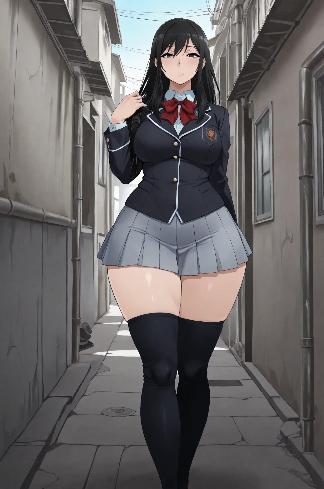 (masterpiece, highest quality:1.2), solo, 1girl, 35-year-old, mature woman, blue eyes, long black hair, (Chubby figure:1.5), grinning, looking at viewer, (Wearing: grey business suit, Skirt, black 30 denier stockings, High heels), Indoors, computer room