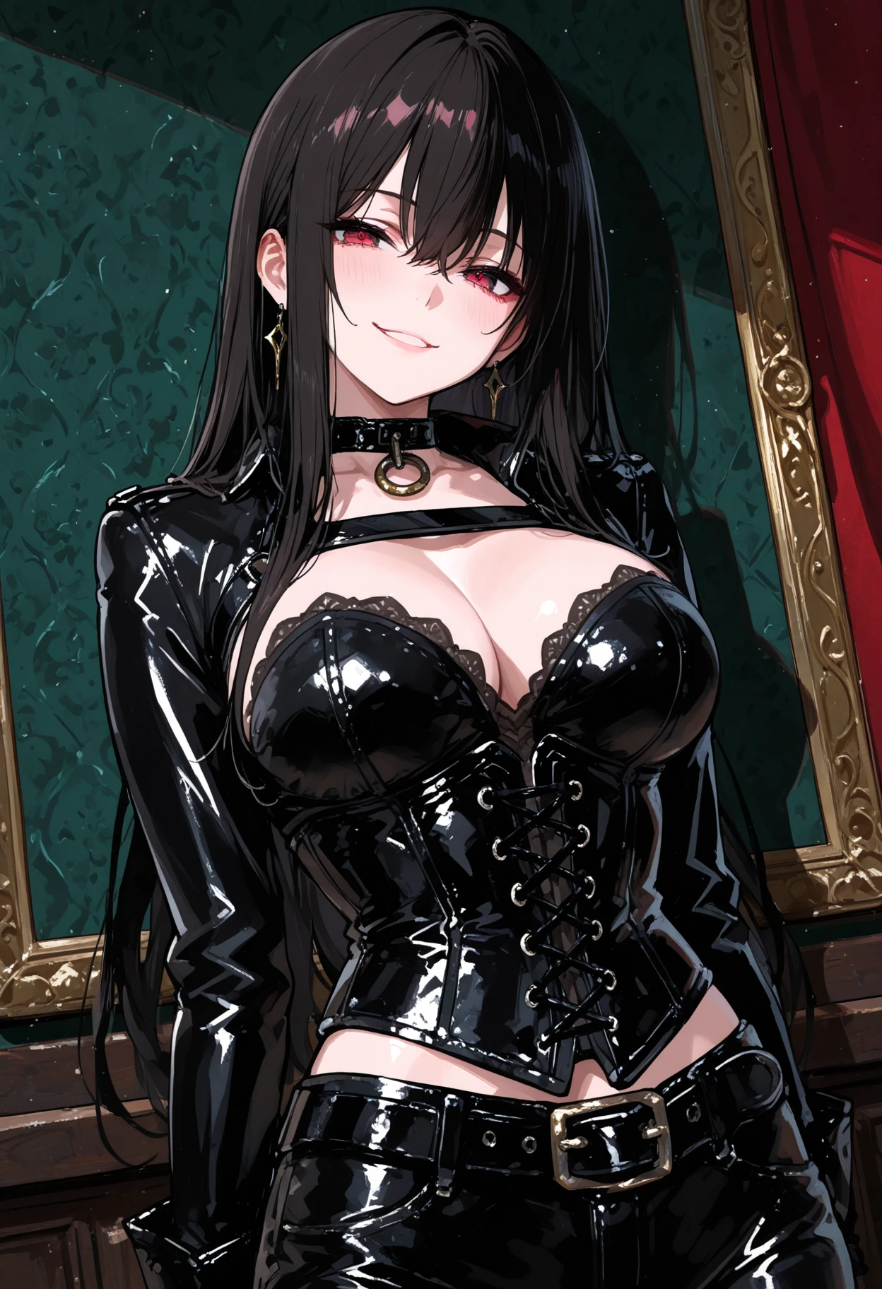 masterpiece, best quality, 1lady,black hair,long hair,glowing eyes, (finely detailed empty pupils and detailed face),,,,extremely detailed picture unity 8k wallpaper,solo,(latex military costume:0.9),large breasts,seductive smile,military hat,latex thighhigh,large breasts,black hair,pink eyes,black leotard,pantyhose,military coat,enamel suits,grossy lips,sitting,bust shot,sadistic smile,