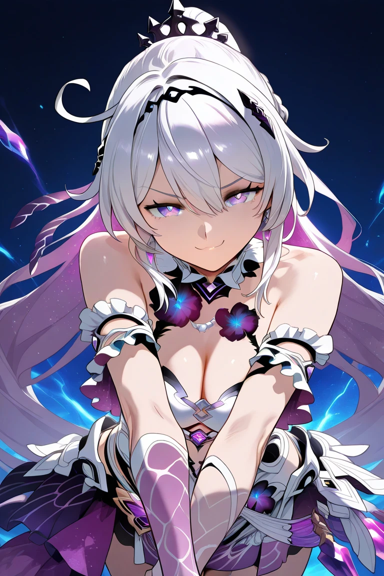 1girl, anime, cute girl, blank background, white background, fantasy, detailed fantasy dress with highlights, beautiful face, beautiful eyes, dark colors, black hair with multicolor streaks, red eye with different color pupil in eye, multicolor eye, medium breasts, slight cleavage, beautiful skin, cute, breast curtains, extremely delicate and beautiful, (beautiful detailed face:1.0), (detailed deep eyes), symmetrical breasts, deep eyes, shiny skin, portrait, slender waist, hips wider than shoulders, thighs, expressionless, young girl, luminous eyes, adorable，（Kpop idol）,（aegyo sal：1），（Platinum blonde hair：1），（（puffy eye）），Black ，sexy posture，Superskirt, Ultra-high resolution，Black collar，slim figure, Abdominal y tattoo,  tattoo，Tight-fitting leg ring，y tattoo on half-body，, Armored hand，Hidden fingertips，Hand covered，Arm covered，Fist covered,{{beautiful detailed fingers}}, tufts of hair, moderate beautiful breast:1.0,(masterpiece:1.2), best quality, high-res, HDR, perfect face, intricate armor, delicate blue filigree, intricate filigree, red metalic parts, detailed part, dynamic pose, dynamic lights, cute face, neutral expression, shuimobysim, lotus, Hanfu, maxi skirt, dress conservatively 1girl, solo, long blue hair, standing, One lady,14years,((White hair) ,(Shiny purple  with ),((Fantasy, Moon Night)), gradient_eyes,