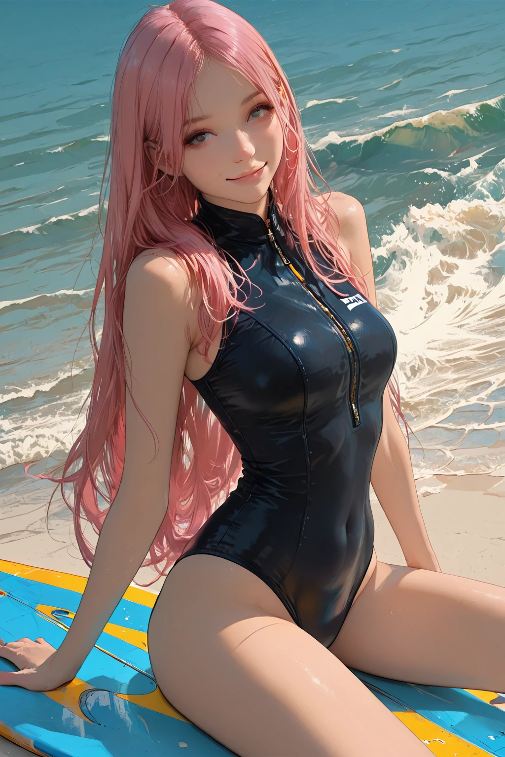 beautiful girl pink long hair . in swimming pool /  black swimsuit