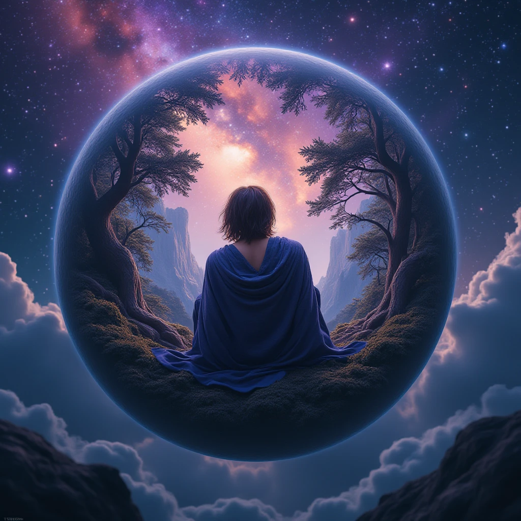meditation, particles in the air, godrays, stars in background, intricate fractals, detailded, (illustration), work of art, high resolution, best qualityer, Man on the verge of the creation of the universe, A giant mirrored crystal sphere floating in space, flickering lights,